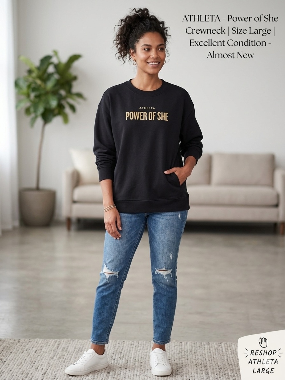 Athleta Black Sweatshirt with Gold 'Power of She' Logo